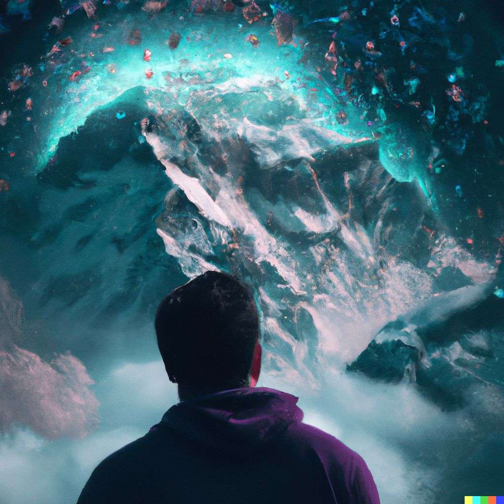 someone gazing at Mount Everest, particle explosion, digital art